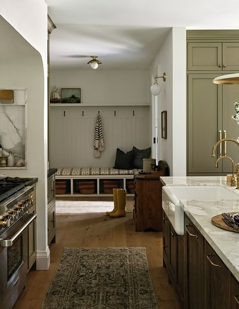 House & Home - Inside A Country House Designed By Tiffany Leigh Built Home Ideas, Laundry Mudroom Combo, Mudroom Ideas Entryway, Laundry Kitchen Combo, Canadian House, Sage Kitchen, Island Ideas Kitchen, English Aesthetic, Islands Kitchen