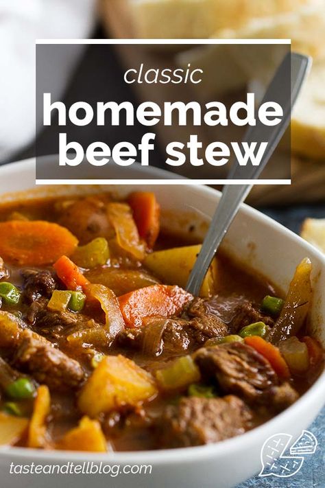 This Beef Stew is the perfect comforting stew for chilly nights or Sunday dinners. This homemade stew is filled with beef, potatoes, carrots, celery and peas for the perfect cold weather meal. #recipe #comfortfood #beef #beefstew Homemade Beef Stew Recipes, Stew Crockpot, Beef Potatoes, Stew Beef, Crockpot Recipes Beef Stew, Crockpot Stew, Hearty Beef Stew, Beef Soup Recipes, Homemade Beef Stew