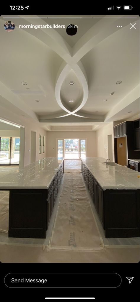 Double island and ceiling Second Island In Kitchen, Double Kitchen Island Ideas Layout, Dual Kitchen Islands, Double Kitchen Islands Layout, Double Island Kitchen Layout Modern, Two Islands In Kitchen, Double Island Kitchen Open Concept, Double Kitchen Island Ideas, 2 Island Kitchen Layout