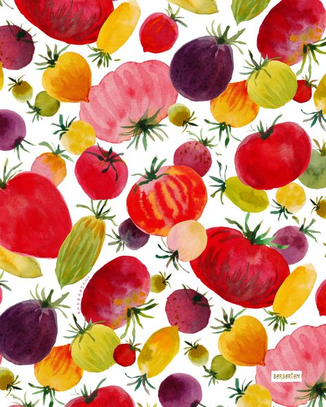 HEIRLOOM TOMATOES – BARBARIAN by Barbra Ignatiev | Bold colorful art Painted Fruits And Vegetables, Barbra Ignatiev, Barbarian Illustration, Barbarian Poster, Boho Fruit Art, Baroque Fruit Painting, Bold Decor, Ikat Print, Jungle Print