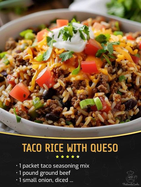 Taco Rice With Queso, Hamburger Rice Recipes, Taco Hamburger, Hamburger Rice, Mexican Food Ideas, Mexican Love, Hamburger Meals, Food With Friends, Taco Seasoning Mix