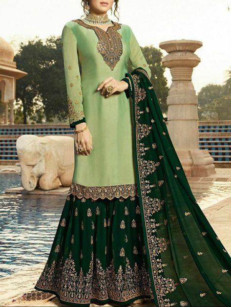 Pakistani Gharara, Green Sharara, Georgette Sharara, Gharara Suits, Sharara Designs, Bridesmaid Satin, Sharara Suit, Designer Dresses Indian, Indian Ethnic Wear