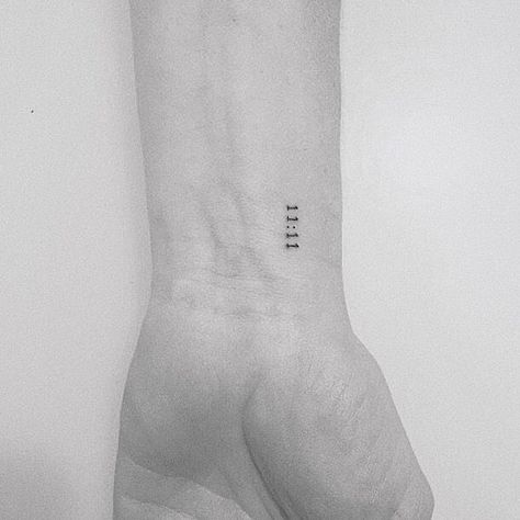 111 Different Fonts, 1111 Fine Line Tattoo, Fine Line Time Tattoo, Unique Birthdate Tattoo, Time Tattoos Numbers, Fine Line Date Tattoo, Address Tattoo Ideas, Time Of Birth Tattoo, 11:11 Tattoos