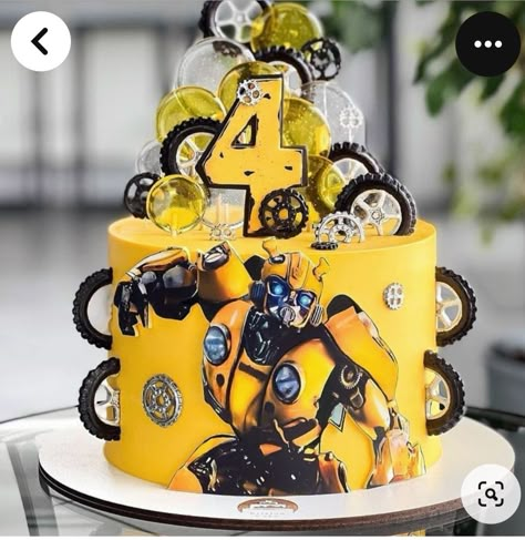 Transformers 4th Birthday, Transformers Cake Ideas, Bumble Bee Transformer Cake, Bumblebee Cake, Transformers Birthday Cake, Transformers Birthday Party, Bumble Bee Cake, Bee Birthday Cake, Transformers Cake