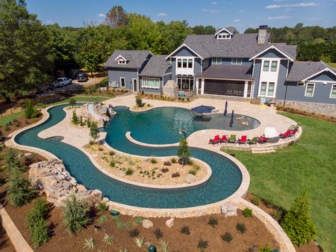 Awesome Pool Designs, Walk In Pools Ideas, Landscaped Front Of House, Pool Lazy River Backyard, Swimming Pool With Lazy River, Lazy Pool Backyard, Pool Landscaping Design, Large Inground Pool Ideas, Dream Pools With Lazy River