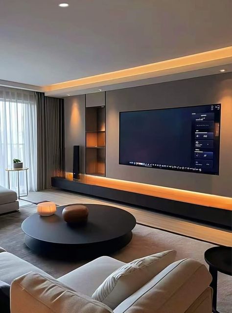 Boho Decor Ideas, Modern Luxury Living Room, Theater Room Design, Media Room Design, Living Room Wall Units, Tv Room Design, Modern Bungalow House, Home Theater Rooms, House Furniture Design