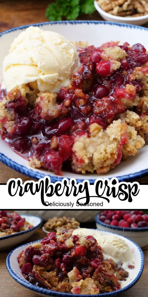 A close up of a bowl filled with a serving of homemade cranberry crisp. Cranberry Apple Crisp, Cranberry Recipes Dessert, Cranberry Crisp, Apple Cranberry Crisp, Autumn Dessert, Cranberry Dessert, Tart Flavors, Cranberry Apple, Fruit Crisp