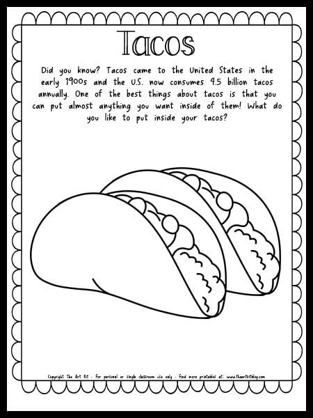 Taco Coloring Page with Fun Facts FREE PRINTABLE Taco Craft, 2nd Grade Crafts, Fun Facts For Kids, Free Homeschool Printables, School Lesson Plans, Food Coloring Pages, Educational Activities For Kids, Homeschool Printables, Facts For Kids