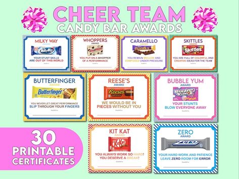 Candy Awards, Candy Bar Awards, Candy Bar Gifts, Funny Awards, Cheer Banquet, Fun Awards, Youth Cheer, Award Ideas, Cheer Coach