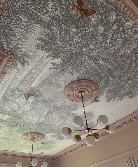 Woodchip & Magnolia on Instagram: “A throwback to our favourite ceiling using our Land of Milk and Honey Mural 🦋 Would you dare to wallpaper a ceiling? 📷 @quirkofsloane_uk…” Chip Wallpaper, Wallpaper On Ceiling, Land Of Milk And Honey, Marble Effect Wallpaper, Magnolia Wallpaper, Pink Paint Colors, Whimsical Bedroom, Charcoal Wallpaper, Ceiling Murals