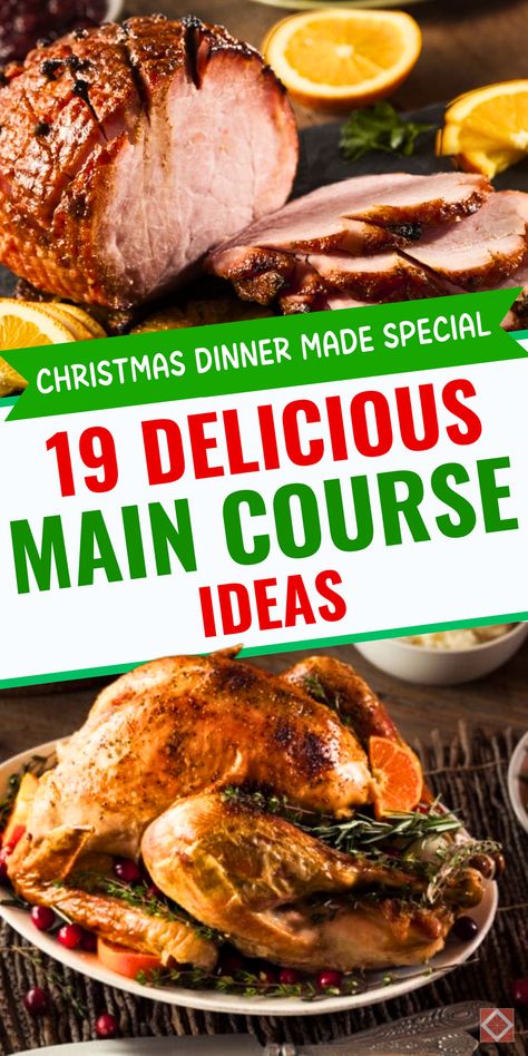 Looking for the perfect main dish for your Christmas dinner? These 19 holiday main course recipes range from traditional roasts to creative twists on festive classics. Each dish is designed to impress and make your Christmas meal extra special. Save this pin to plan a show-stopping holiday dinner! Christmas Dinner Main Dish, Christmas Dinner Menu Ideas Traditional, Christmas Meal Ideas Dinner Main Dishes, Christmas Meats Main Dishes, Fine Dining Recipes Main Courses, Three Course Meal Ideas, Traditional English Christmas Dinner, Christmas Dinner Ideas Main Dishes, English Christmas Dinner