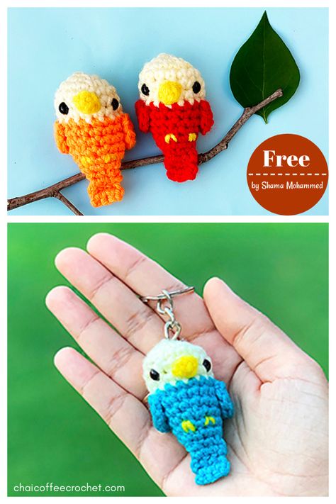 Crochet Bird Accessories, Small Crochet Bird Pattern, Love Bird Crochet, Crochet Small Animal Keychain, Crochet Bird Keychain, Mini Amigurumi, Crochet Parrot, Crochet Bird Patterns, Crochet Keychain Pattern