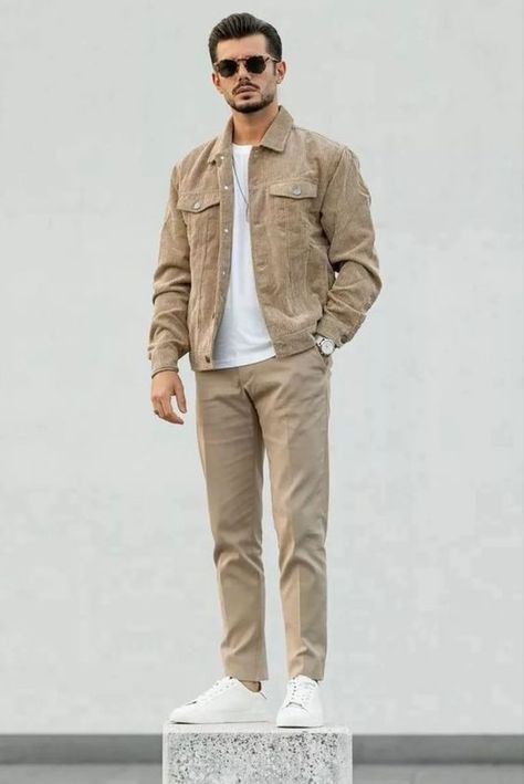 Khaki Denim Jacket Outfit Men, Mens Tan Outfit, Tan Khaki Pants Outfit, Beige Denim Jacket Outfit Men, Beige Overshirt Men Outfit, Men Cream Outfit, Beige Pants Outfit Men Formal, Tan Outfit Men, Men Neutral Color Outfit