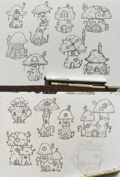 Different Mushrooms Drawing, Cottage Core Sketch Ideas, Fairy Forest Drawing Simple, Mushroom Town Drawing, Mushroom House Doodle, Nature Theme Drawing Ideas, Mushroom Cottage Drawing, Types Of Mushrooms Drawing, Fairy House Tattoo Designs