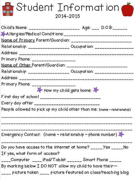 Student information sheet for Back To School FREEBIE #powerofprimarylearning Student Information Sheet Middle School, Student Info Sheet, Student Information Form, Teacher Binder Organization, Sunday School Worksheets, Chili Verde Pork, Student Information Sheet, Classroom Back To School, Teaching Lessons Plans