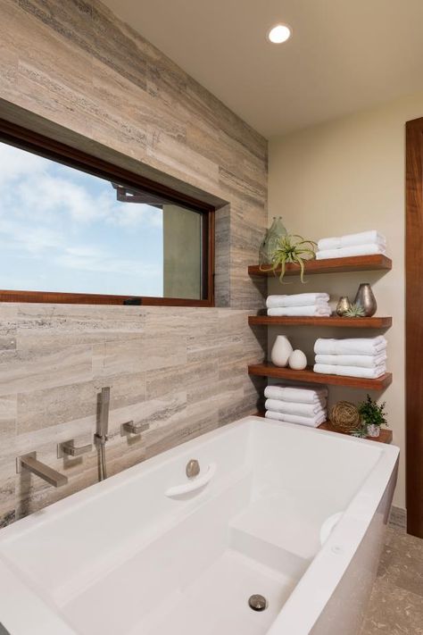 Wall Decor Over Bathtub, Decor Over Bathtub, Shelves Above Bathtub, Bathroom Wall Decor Over Bathtub, Bathtub Shelves, Bathroom Shelves Over Tub, Bathroom Shelf Ideas, Rustic Bathtubs, Bathtub Modern