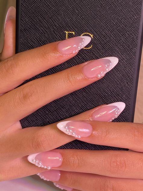 Classy Feminine Nails, White Pearl French Tip Nails, Pearl Embellished Nails, Almond With Pearls, Nails With Pearls And Rhinestones, Ombre Nails With Pearls, Bridal Nails With Gold, Fancy Prom Nails, Acrylic Nail Designs Wedding