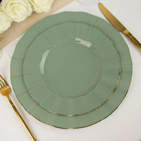 Balsacircle 10 Dusty Sage 9" Round Disposable Salad Dinner Plastic Plates Gold Wavy Trim Wedding Party Tableware, Size:9", Multicolor Disposable Bamboo Plates Wedding, Plastic Disposable Plates, Disposable Tableware Wedding, Sage Green And Gold Wedding Decor, Sage Table Setting Wedding, Bamboo Plates Wedding, Gold And Sage Wedding, Green Bridal Shower Ideas, Sage And Gold Wedding