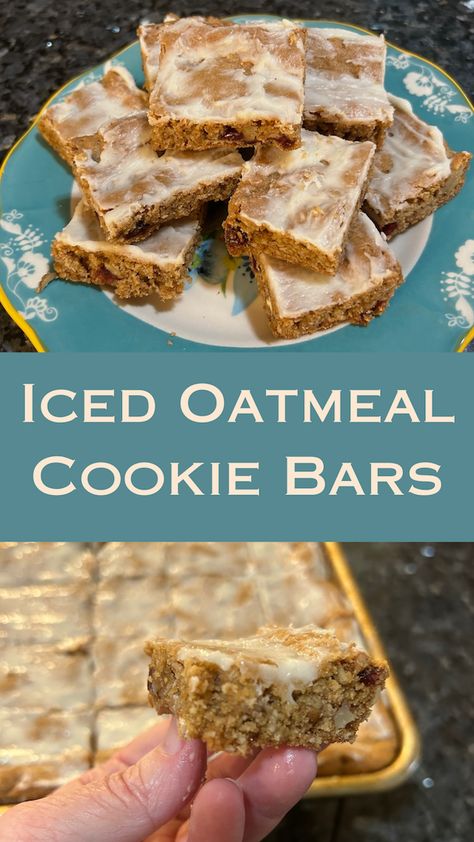 Iced Oatmeal Cookie Bars Chewy Oatmeal Bars Recipes, Oatmeal Pan Cookies Bar Recipes, Date Cake Bars, Oatmeal Cinnamon Bars, Bar Cookies 8x8 Pan, Nature Valley Oatmeal Squares, Easy No Bake Dessert Bars, Gluten Free Cookie Bars Easy, Iced Oatmeal Bars