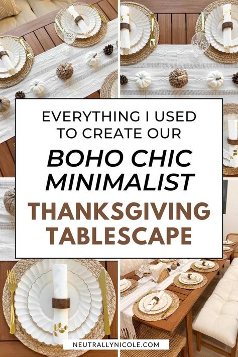 boho chic minimalist thanksgiving tablescape decor idea Minimalist Fall Tablescape, Boho Thanksgiving Decor, Boho Thanksgiving, Minimalist Thanksgiving, Boho Chic Minimalist, Simple Fall Decor, Decor Minimal, Thanksgiving Tablescape, Outdoor Patio Space