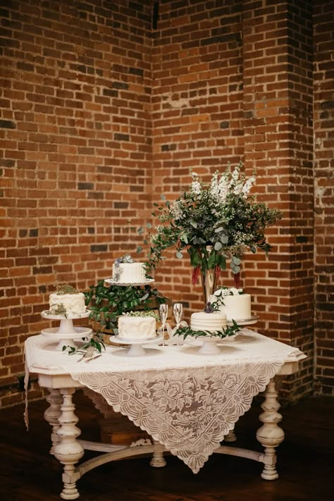 Bride’s cake table at Loft 212 Events in Cullman, Alabama Bride Cake Table Ideas, Multiple Wedding Cake Display Table, Cake Table Wedding Decorations, Lace Wedding Table Decor, Multiple Wedding Cakes, Grooms Cake Tables, Wedding Cake Display Table, Wedding Cake Table Ideas, Godly Wedding