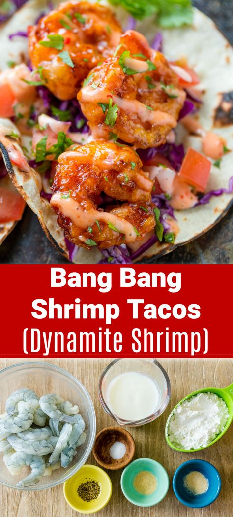 Bang Bang Shrimp are crispy, creamy, sweet, and spicy. They are so satisfying served as Bang Bang Shrimp Tacos drizzled with that famous sauce. Boom Boom Shrimp Tacos Recipe, Sweet Thai Chili Shrimp Tacos, Thai Chili Shrimp Tacos, Dynamite Shrimp Tacos, Thai Shrimp Tacos, Shrimp Siracha Recipes, Pow Pow Shrimp, Dynamite Shrimp Bowl, Dynamite Shrimp Sauce