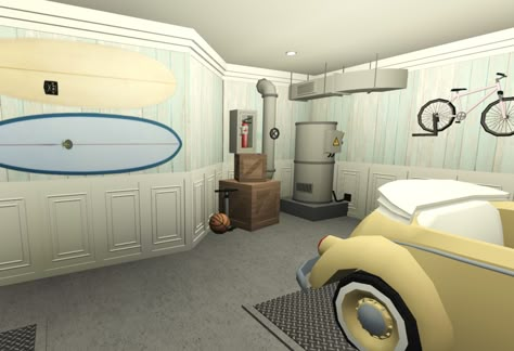 Garage Interior Bloxburg, Cute Garage Ideas Bloxburg, Coastal Garage Interior, Coastal Mudroom Bloxburg, Bloxburg Coastal House Ideas Exterior, Beachy Garage, Bloxburg House Ideas 2 Floor Layout Coastal, Coastal Decor Decals Bloxburg, Coastal Garage Bloxburg