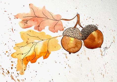 Acorn Painting Canvas, Acorn Watercolor Paintings, Thanksgiving Watercolor Art, Autumn Drawing Pencil, Easy Fall Watercolor, Acorn Watercolor, November Watercolor, Autumn Watercolor Paintings, Autumn Sketches