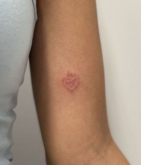 Catholic Tattoos, Sacred Heart Tattoos, Petite Tattoos, Red Ink Tattoos, Heart Tattoo Designs, Discreet Tattoos, Subtle Tattoos, Dainty Tattoos, Elegant Tattoos