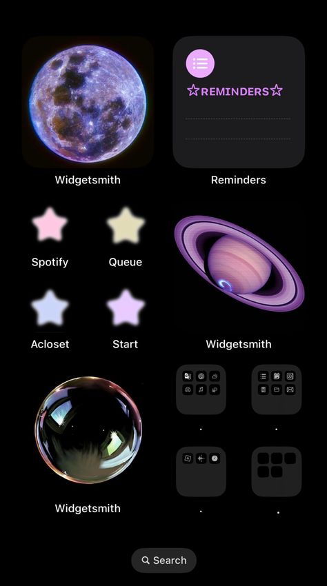 Galaxy space iphone theme aesthetic Different Phone Themes, Phone Themes Space, Space Iphone Layout, Star Theme Phone, Space Ios14 Theme, Space Themed Homescreen, Space Iphone Theme, Ios17 Homescreen Ideas, Space Homescreen Layout