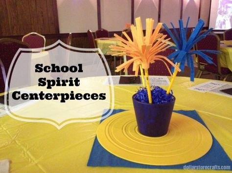 Tutorial: School Spirit Centerpieces...maybe tisssue paper pompoms and spray wooden skewers for graduation centerpieces School Spirit Centerpieces, Skewer Ideas, Michigan Tailgate, Longhorn Party, School Centerpieces, Teacher Meeting, 50th Class Reunion Ideas, Reunion Centerpieces, Soccer Banquet