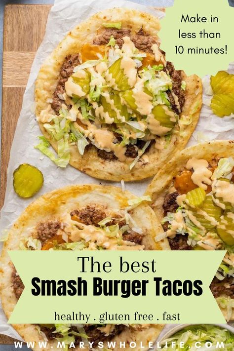 This Big Mac Taco Recipe is a gluten free rendition of the viral recipe for smash burger tacos! They are so easy to make in less than 10 minutes and have all the flavors of your favorite McDonald’s Big Mac burger, complete with a homemade big mac sauce! Big Mac Smash Burger, Smash Burger Tacos, Big Mac Tacos, Mac Tacos, Homemade Big Mac Sauce, Burger Tacos, Mac Sauce Recipe, Big Mac Sauce Recipe, Smash Burger Recipe