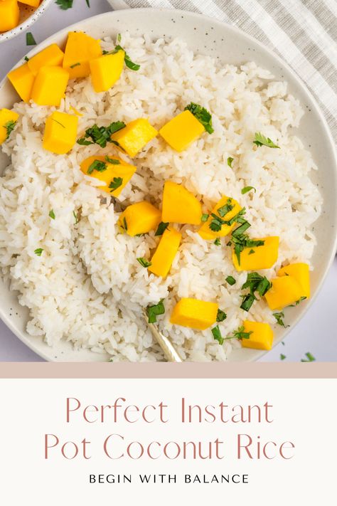 This perfect, fluffy instant pot coconut rice is the easiest way to switch things up from your usual rice. It has the best mild coconut flavor, uses simple ingredients, and cooks quickly in the instant pot. Coconut Rice Instant Pot, Instant Pot Coconut Rice, White Rice Dishes, Coconut Jasmine Rice, Grain Dishes, Coconut Sticky Rice, Coconut Milk Rice, Quick Rice, Creamed Rice