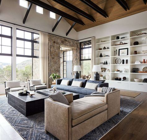 Mountain Home Ranch by Amy A. Alper Ranch Farmhouse, Black Window Frames, Modern Ranch, High Ceilings, Exposed Wood, Design Del Prodotto, Mountain Home, Wood Beams, Mountain House