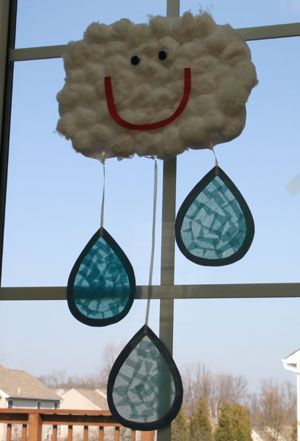 Cloud and raindrops craft. Great for April showers and the "stained glass" raindrops are so pretty! Preschool Weather, Weather Crafts, Cloud Craft, April Crafts, Weather Theme, Spring Preschool, Spring Crafts For Kids, Spring Activities, Classroom Crafts