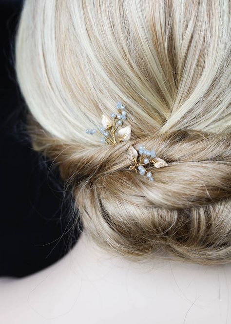 Something Blue | Our favourite wedding accessories with hints of empire blue - TANIA MARAS | bespoke wedding headpieces + wedding veils Wedding Low Bun Hairstyles, Wedding Low Bun, Embellished Wedding Veil, Low Bun Wedding Hair, Blue Hair Pins, Blue Wedding Hair, Blue Bell Flowers, Hair Brooch, Wedding Headpieces