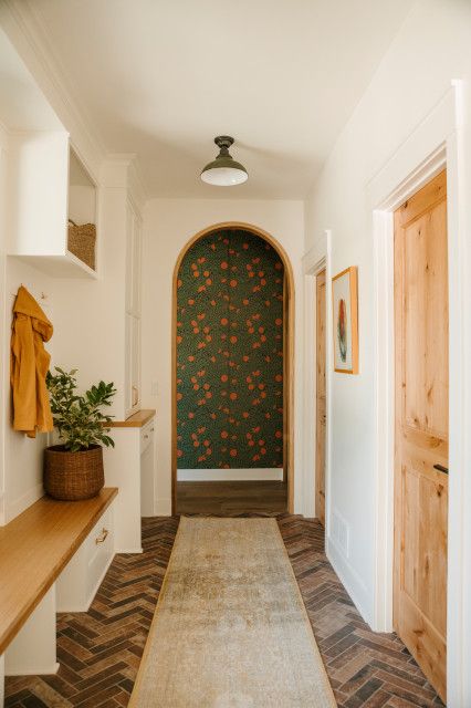 Emily Pueringer, Mudroom Decor, European Farmhouse, Mudroom Design, Brick Pavers, Boot Room, Wood Ceilings, Design Sponge, Wide Plank