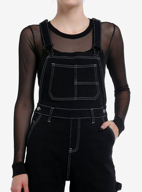 Keep cool and punk this summer in these black shortalls! They feature white contrast stitching throughout and come with bib  hip and back pockets. Complete with adjustable straps and side button closures.Please note: Style is fitted with no stretch; size up for a looser fit.100% cottonWash cold; dry lowLength: 33''ImportedListed in junior sizesModel is 5'10''Model wears size Small Punk Overalls, Cute Punk Outfits, Right Arrow Icon, Punk Outfits, Keep Cool, Contrast Stitch, Hot Topic, This Summer, Adjustable Straps