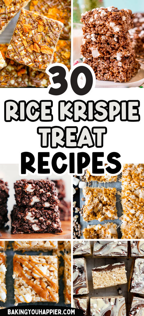 30 Rice Krispie Treat Recipes, enjoy ooey-gooey homemade Rice Krispie Treats for every season, all year long! Seasonal Rice Krispie Treats, Chocolate Coated Rice Krispie Treats, Peanut Butter Caramel Rice Krispie Treats, Baking With Rice Krispies, Cookie Crunch Rice Krispy Treats, S'mores Rice Krispie Treats, Rice Krispie Treat Balls, Toffee Rice Krispie Treats, Variations Of Rice Krispy Treats