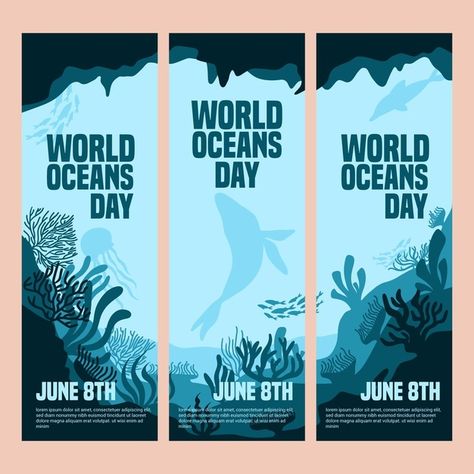 World oceans day banner set Premium Vector Celebration Banner Design, Ocean Design Ideas, Cool Banner Design, Pole Banner Design, Graphic Banner Design, X Banner Design Ideas, Banner Illustration Design, Aquarium Graphic Design, Sea Graphic Design