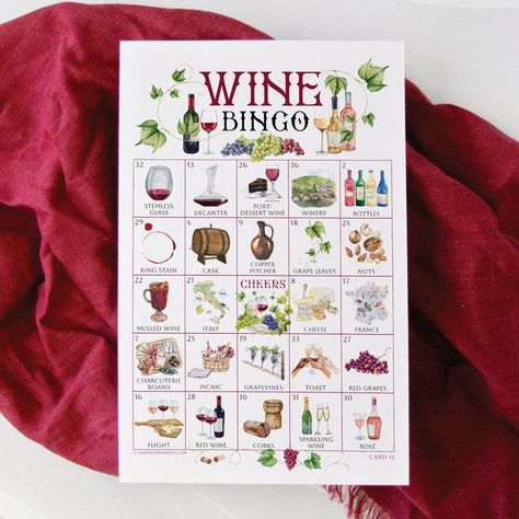 Wine Bingo - 50 PRINTABLE unique cards. Instant digital download PDF. Fun adult activity for wine tasting, vineyards, and winery trips. Wine Bingo Printable Free, 30th Birthday Wine Theme, Wine Birthday Theme, Wine Bachelorette Party Theme, Wine Tasting Games, Wine Themed Birthday Party, Wine Tasting Card, Wine And Paint Night, Bingo Sets