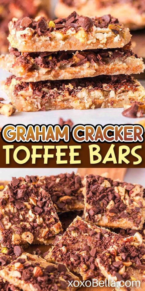 Toffee bars with graham crackers Graham Cracker Toffee Bars, Cracker Toffee Bars, Graham Cracker Bars, Graham Dessert, Christmas Toffee, Toffee Dessert, Butter Biscuits Recipe, Graham Cracker Toffee, Graham Cracker Recipes