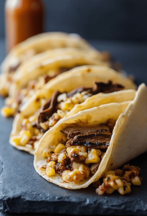 Grilled Steak Elote Tacos Recipe  Ingredients  - 1 pound flank steak - 2 tablespoons olive oil - 1 teaspoon chili powder - 1 teaspoon cumin - 1 teaspoon garlic powder - Salt and pepper, to taste - 4 corn tortillas - 2 ears of corn, grilled and kernels removed - 1/2 cup crumbled cotija cheese - 1/4 cup mayonnaise - 1 tablespoon lime juice - Fresh cilantro, for garnish - Lime wedges, for serving  Full Cooking Instructions on... Shrimp And Steak Tacos, Grilled Steak Elote Tacos, Elote Tacos, Best Grilled Steak, Corn Grilled, Blt Recipes, Fried Potato Chips, Grilled Taco, Baked Breakfast Recipes