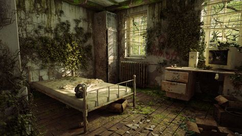 ArtStation - Post apocalyptic room, Sheli Ben Yair Dystopian Bedroom Aesthetic, Apocalyptic Bedroom, Post Apocalyptic Room, Apocalyptic Room, Apocalypse Design, Zombie Rpg, Apocalypse Landscape, Post Apocalyptic City, Apocalypse Aesthetic