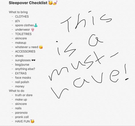 Sleepover Needs List, What To Pack For A Sleepover Checklist, What To Bring To A Sleepover Checklist, Sleepover Bag Checklist, Sleepover Must Haves, Snack Sleepover, What To Bring To A Sleepover, Sleepover Schedule, Girl Night Ideas