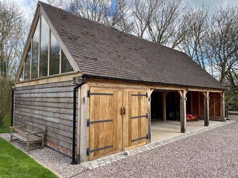 4 Bay Oak Framed Garage / Car Port Kit with Useable Roof Space - 12x6m Oak Front | eBay Oak Framed Garage, House With Carport On Side, Carport Barn, Log Garage, Barn Garage Ideas, Oak Garage, Garage Carriage House, Timber Frame Garage, Barn Style Garage