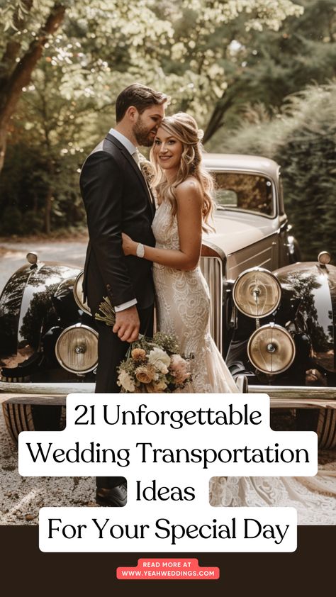 A stunning wedding couple standing beside a vintage car, ready to embark on their special day, showcasing unforgettable wedding transportation ideas. Antique Car Wedding Pictures, Wedding Transportation Ideas, Limo Party, Wedding Transport, Wedding Limo, Wedding Carriage, Wedding Transportation, Party Bus, Horse Drawn