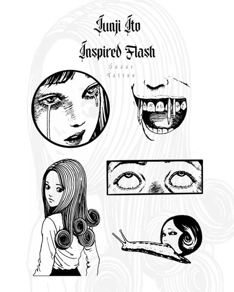 Junji Ito designs available 🖤 Repeatable Flash ~DM to claim or enquire✨ • • • • • • • #junjiitotattoo #junjiito #mangatattoo #animetattoo #tattoo #manga #junjiitocollection #blackwork #anime #uzumaki #tomie #blackworktattoo #tomietattoo #horrormanga #tattoos #animetattoos #art #junjiitoedit #tattooart #darkartists #junjiitocosplay #otaku #horror #souichitsujii #illustration #inked #darkart #mangaaesthetic #ink #darktattoos Tomie Kawakami Tattoo, Uzumaki Tattoo Junji Ito, Junji Ito Painting, Junji Ito Tattoo Ideas, Uzumaki Tattoo, Horror Flash Tattoo, Tomie Tattoo, Junji Ito Art, Horror Flash