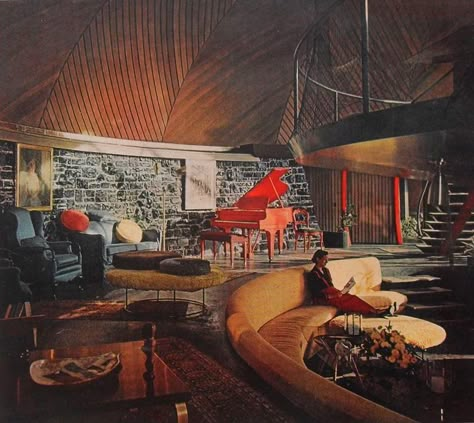 https://flic.kr/p/7A4f37 | 1950s photo of GOFF HOUSE interior Round Circular Midcentury Architecture 2 | More images and items from my collection at my blogspot page: www.ajaxallpurpose.blogspot.com/ www.facebook.com/christian.montone/ Bruce Goff, Retro Rooms, Midcentury Architecture, Mid Century Homes, 70s Interior, Atomic Ranch, Retro Interior Design, Sunken Living Room, Retro Living Rooms