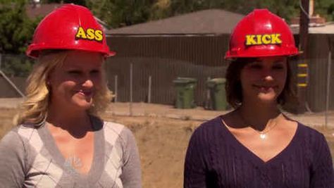 They work together to accomplish great things, while wearing these awesome helmets. | Why Leslie Knope And Ann Perkins Are Pawnee's Ultimate Power Couple Ann Perkins, Andy And April, 2000s Shows, Tom Haverford, Parks And Recs, Parks And Rec, Leslie Knope, Sweet Guys, Amy Poehler